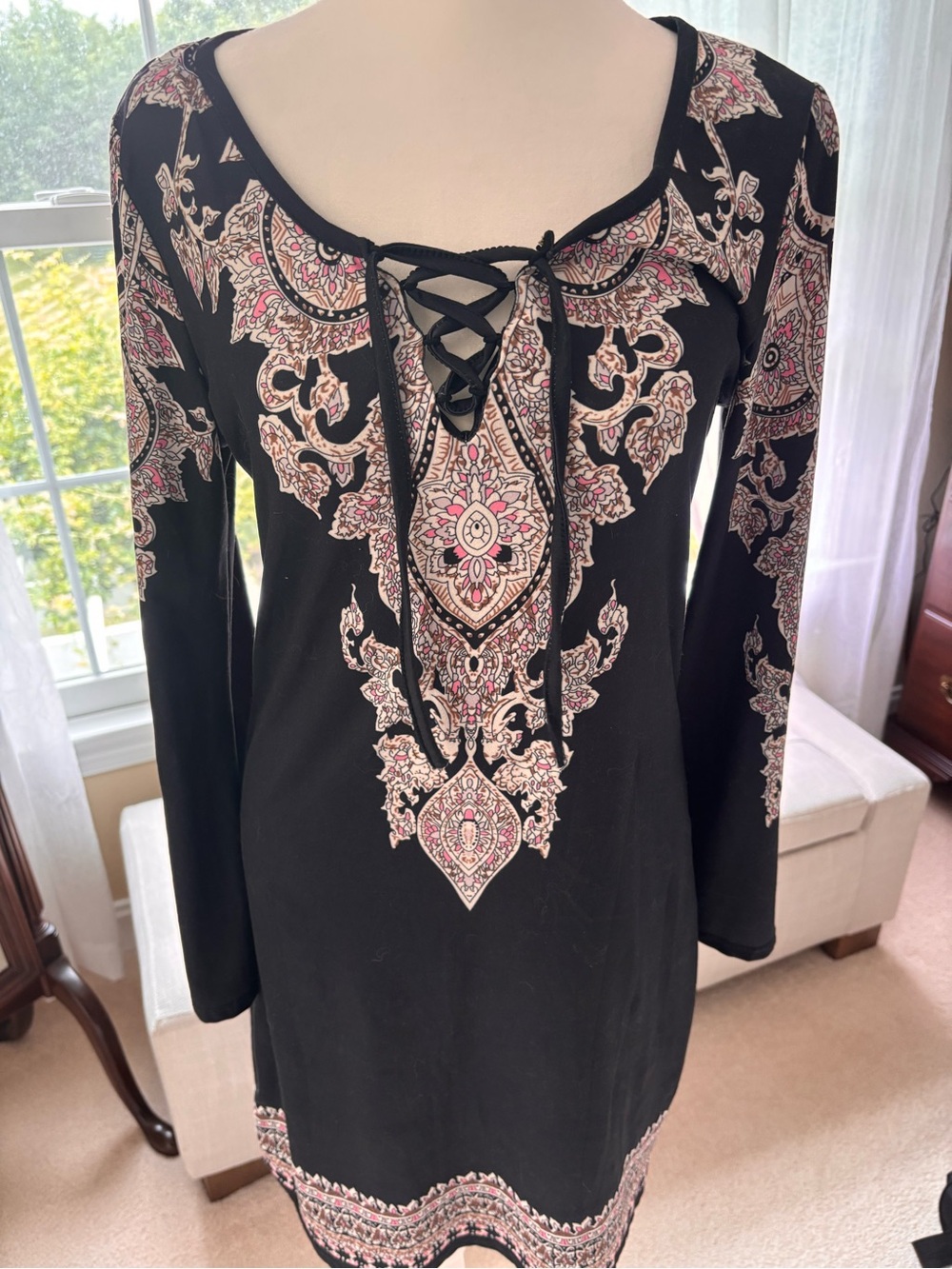 Black Paisley Lace-Up Long Sleeve Tunic Dress
